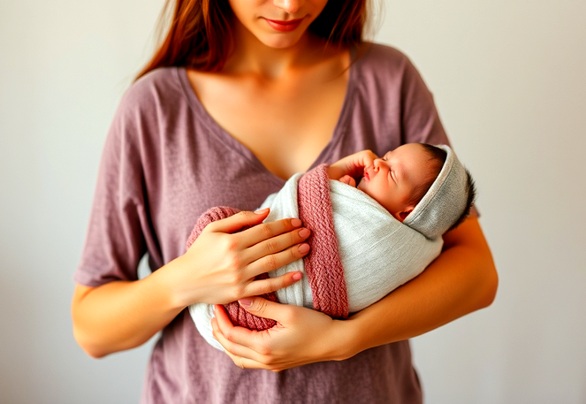 Young mother gently holding her newborn baby swaddled in a blanket, capturing the peaceful bond of early motherhood