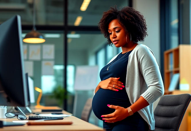 Pregnant Black woman in her 40s working in an office, balancing career and motherhood