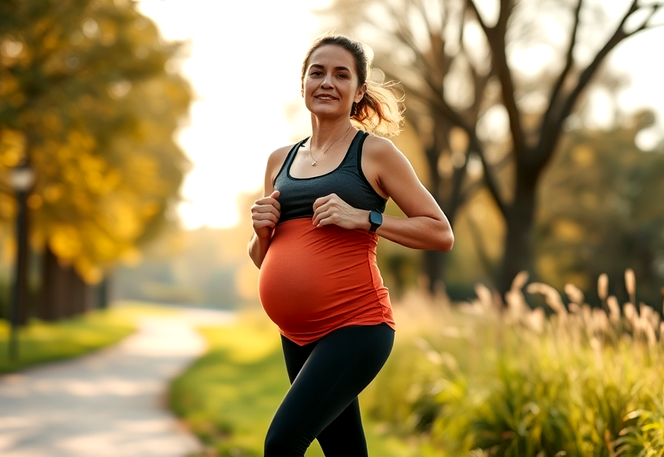 A fit Hispanic woman in her 40s, jogging in a park during her pregnancy, emphasizing the importance of exercise for maternal health.