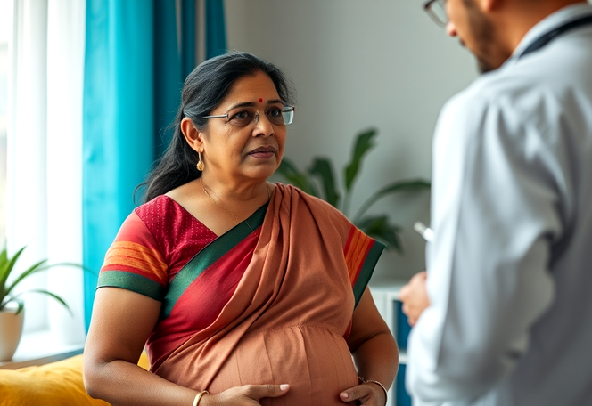 A concerned pregnant Indian woman in her 40s having a serious conversation with a doctor, representing maternal healthcare and doctor consultations.