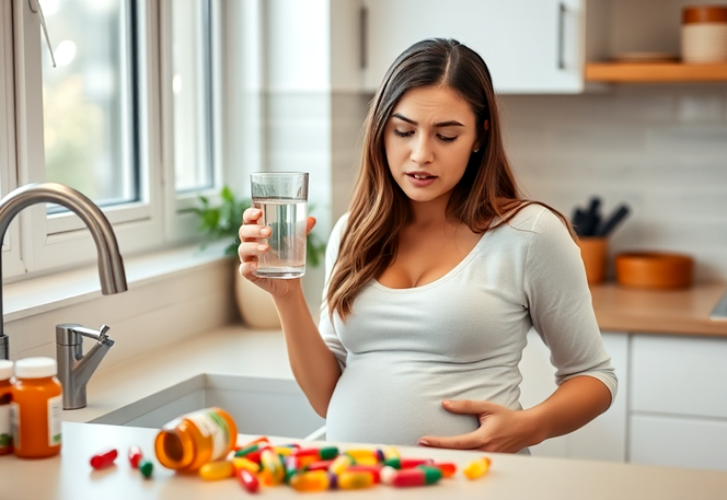 A young pregnant woman stands in her kitchen sink, looking confused, holding a glass of water in one hand and a handful of multicolored vitamin pills in the other. The vitamin bottle is all over the counter top.