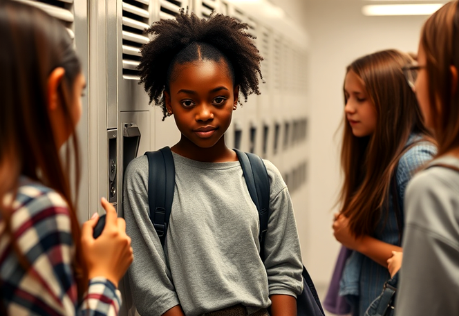 A young teenage black girl by a school locker with other girls