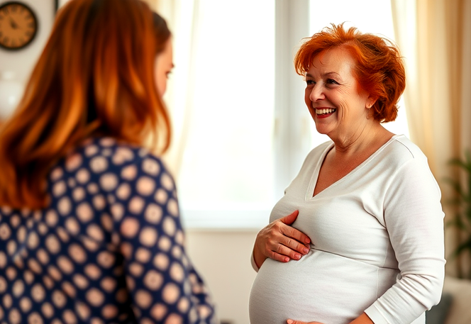 A joyful, older pregnant woman with red hair shares a lighthearted conversation with her midwife in a cozy, bright room.