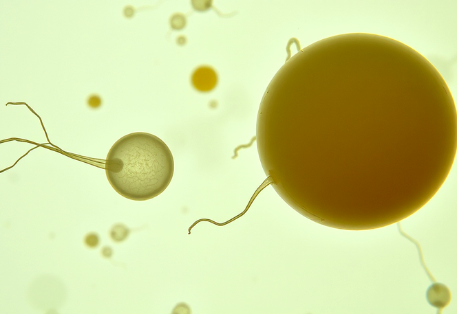 A microscopic image of an egg and sperm, symbolizing fertilization and conception in reproductive health