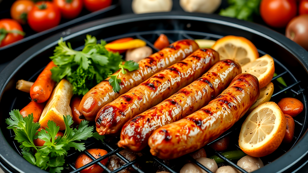 Grilled sausages on a black plate