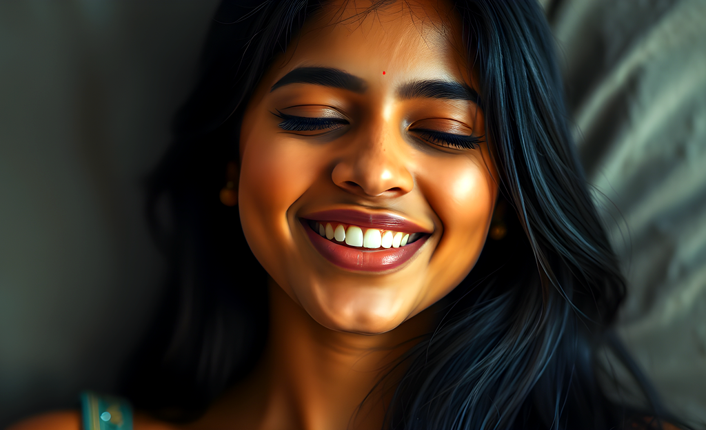 Young Indian woman with look of pleasure on her face