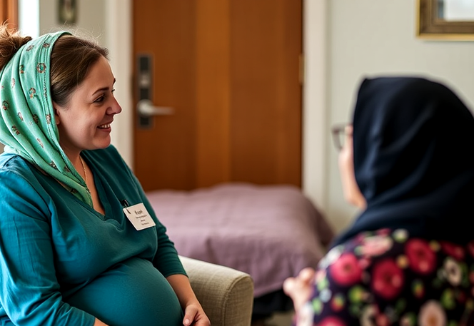 Midwife talking to client