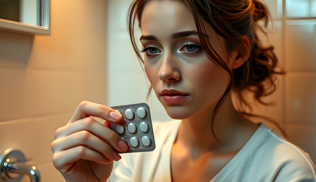 Young woman with a thoughtful expression holding a blister pack of contraceptive pills, reflecting on the implications of birth control use.