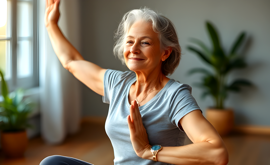 An older grey haired woman in a sitting yoga pose