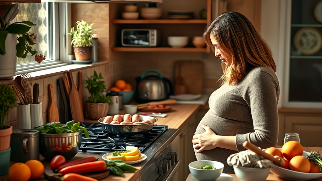 Pregnant woman cooking sausage inside