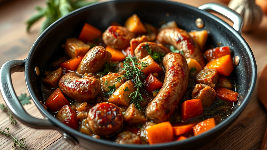 Sausage cooked with veggies