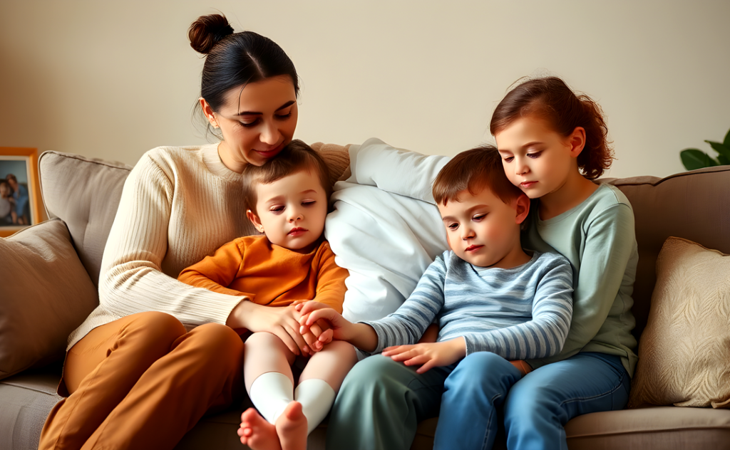 Mother sitting on the couch comforting her three children, supporting them through grief after loss.