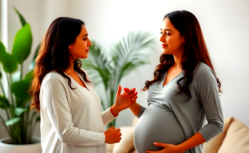 Midwife standing close and talking with a pregnant woman, discussing preventive care in a supportive, calm setting.