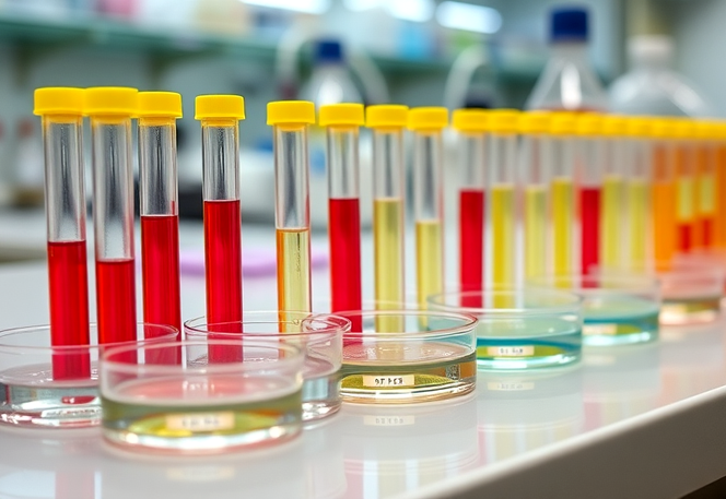 Rows of test tubes and petri dishes in a laboratory, representing fertility treatments such as in vitro fertilization (IVF).