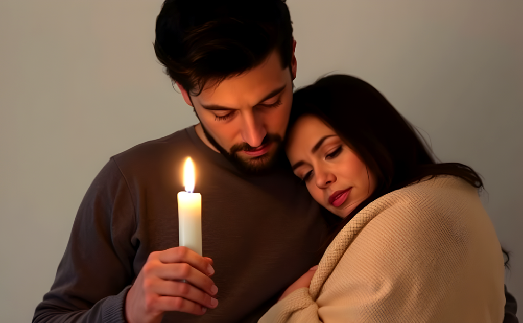 Couple embracing while holding a lit candle, symbolizing grief and remembrance after stillbirth.