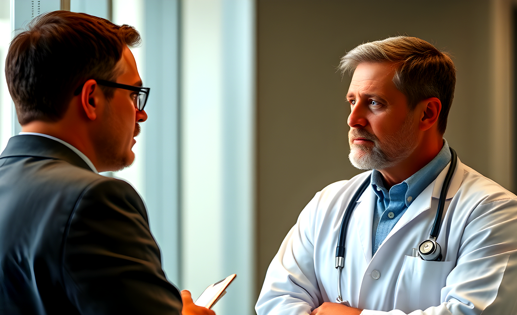 A white male in a lab coat talking to another man