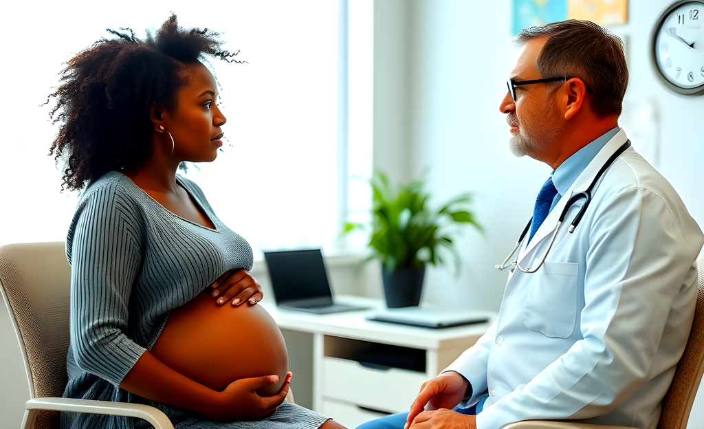 Pregnant black woman speaking to white male doctor in his office.