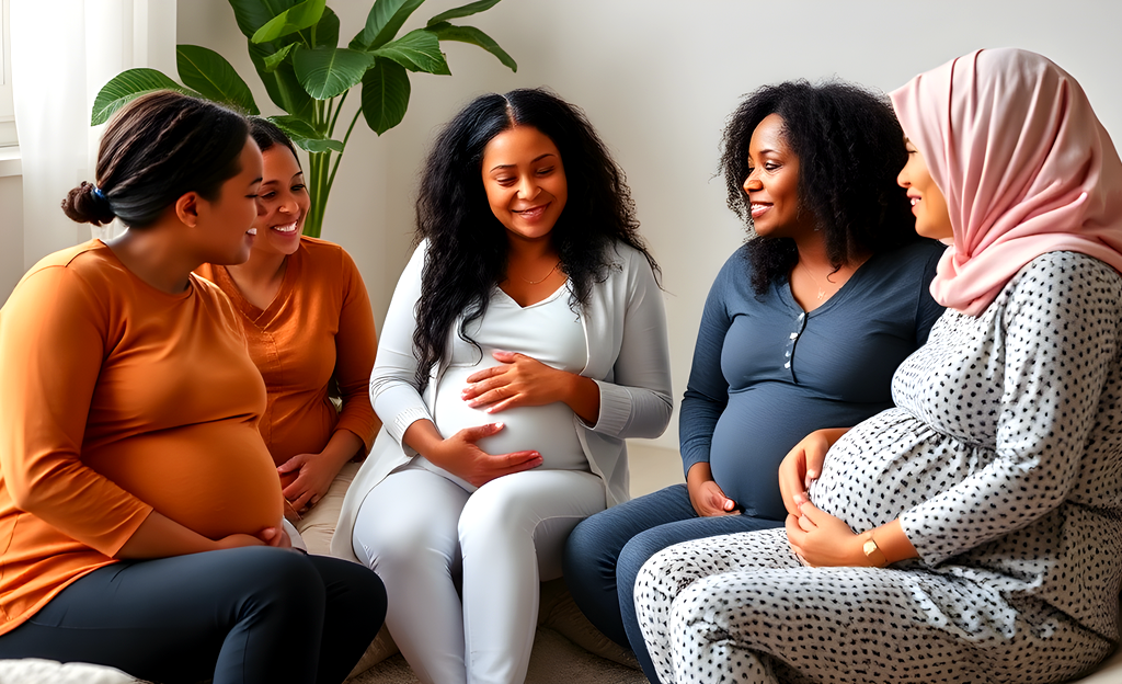 A multi-ethnic group of women is sitting around and talking.