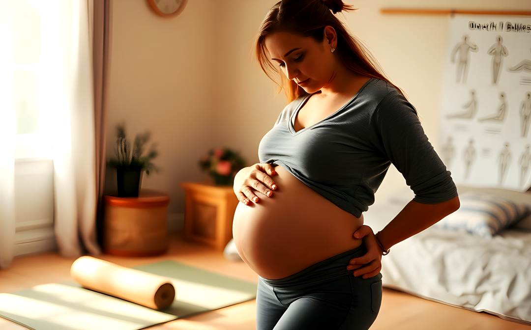 Pregnant woman practicing mindfulness in a serene home setting, standing near a yoga mat with a breech baby positioning diagram in the background.