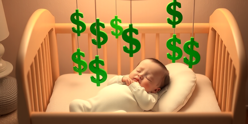 Newborn baby sleeping in crib with mobile of US dollar symbols, symbolizing the high cost of childbirth in the USA."