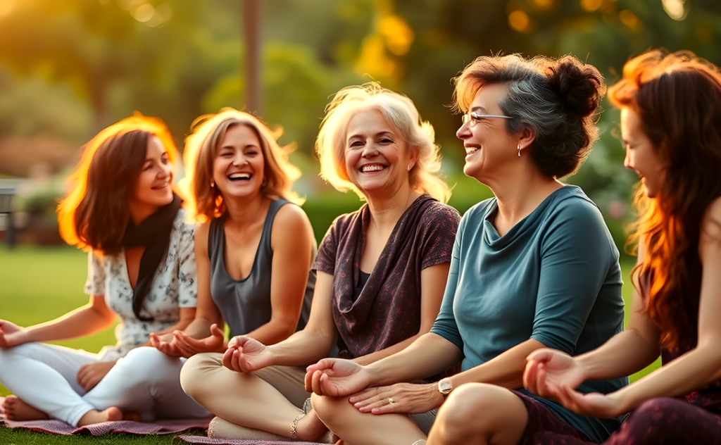 A group of diverse women smiling and meditating outdoors together, enjoying a relaxing and rejuvenating experience in nature.