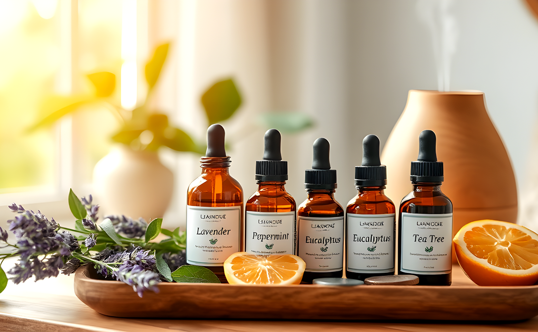 Essential oils arranged on a wooden tray with lavender, peppermint, eucalyptus, and tea tree oils, alongside fresh lavender sprigs and citrus slices, with a diffuser in the background.