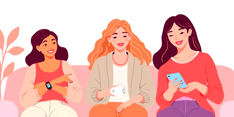 Three diverse women using FemTech devices such as wearable health monitors and smartphones with wellness apps, representing modern health technology for women.