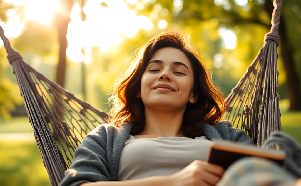 Woman relaxing in a hammock outdoors, enjoying peaceful rest with eyes closed and a slight smile, surrounded by nature during sunset.