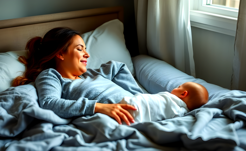 A mother lying in bed, smiling while watching over her newborn baby, both resting peacefully under soft blankets. The serene setting highlights the importance of finding rest during the postpartum period.