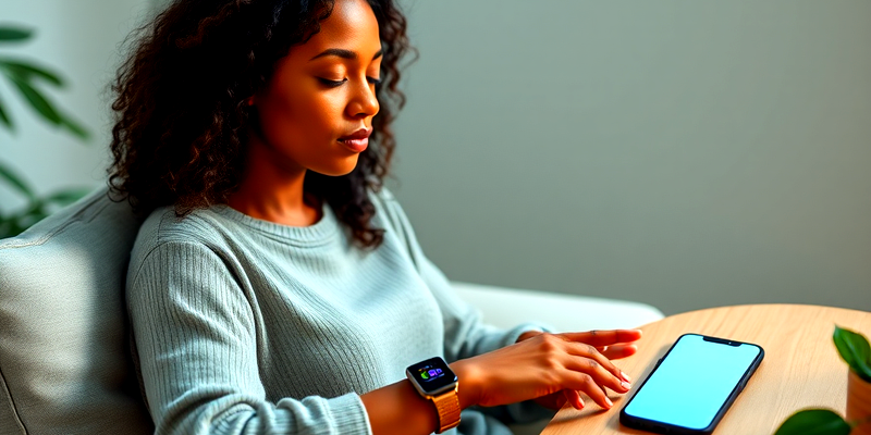 Focused woman monitoring heart rate on smartwatch with wellness app beside her