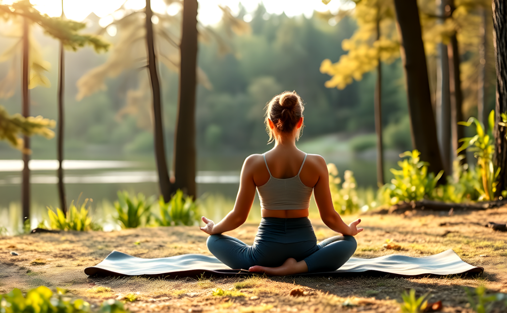 Woman practicing yoga and meditation outdoors in a serene forest, sitting on a mat by a peaceful lake, embracing holistic rest and mindfulness.