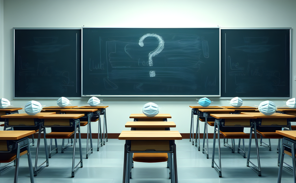 A classroom with spaced desks and floating masks, symbolizing the controversial impact of masking and social distancing on society.