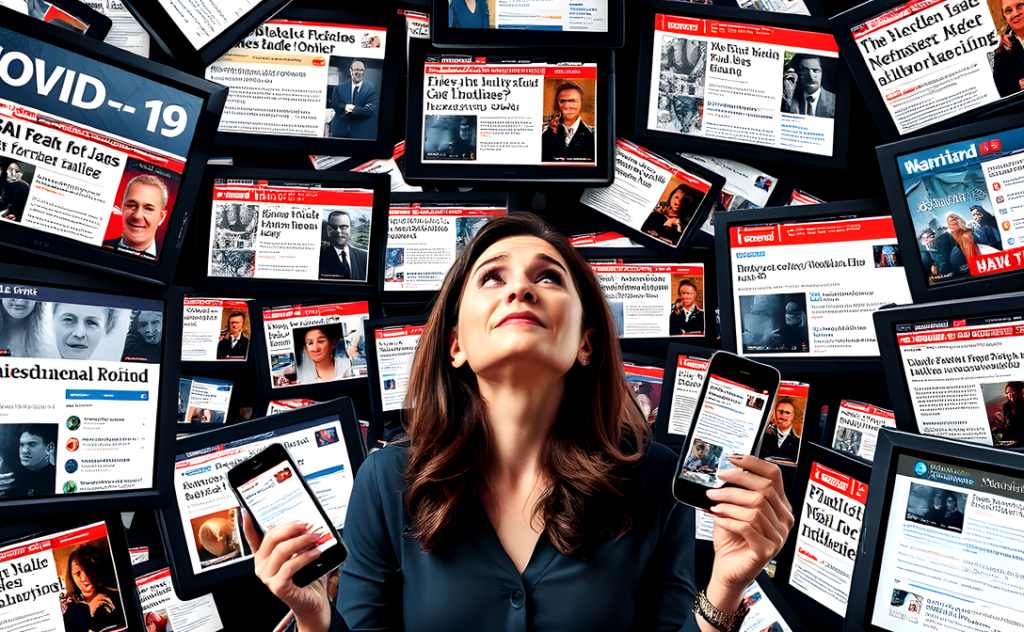 A person surrounded by screens showing conflicting headlines and social media posts about COVID-19, symbolizing the media's role in shaping public perception.