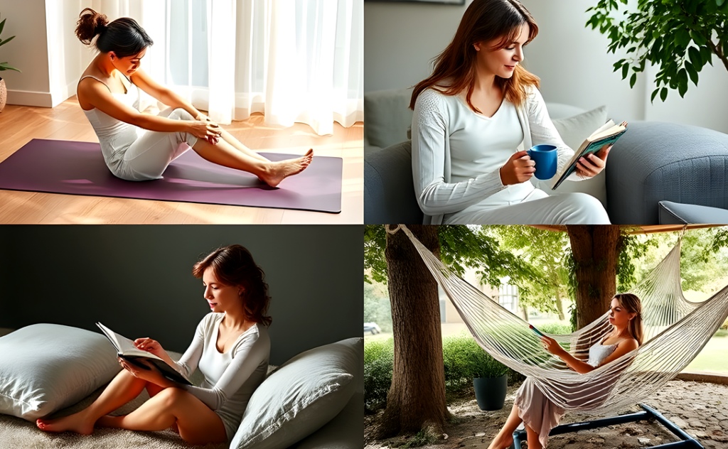 Four images of women practicing rest and relaxation: one doing yoga, one reading with a cup of tea, one reading in bed, and one relaxing in a hammock outdoors.