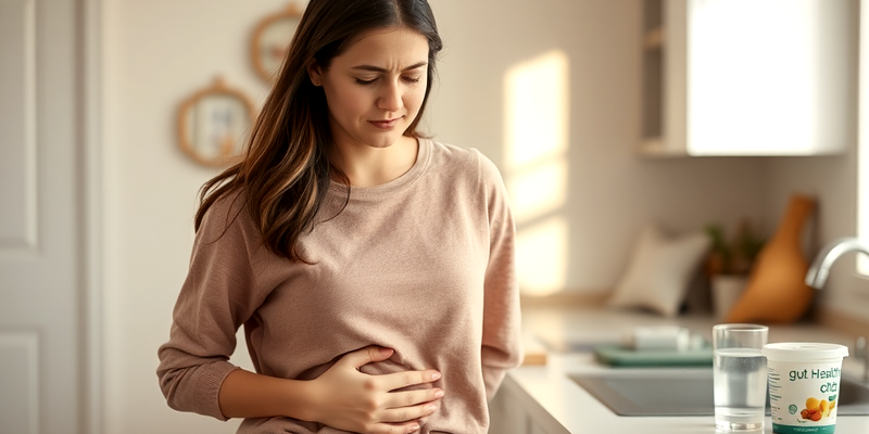 Young woman in casual clothing gently holding her stomach, reflecting on gut health and wellness.