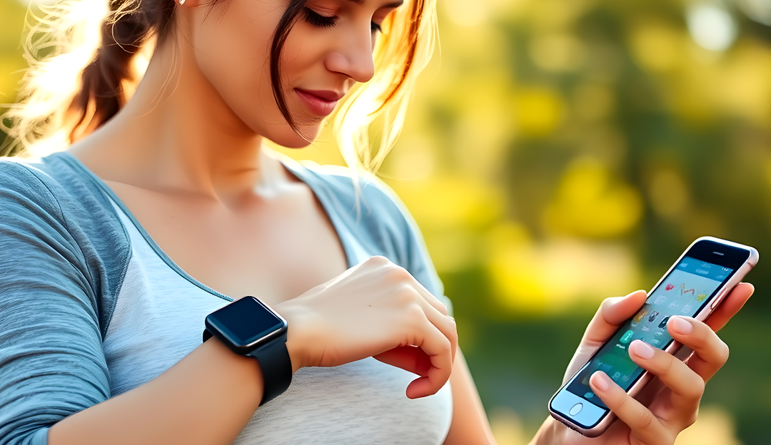 Woman using wearable tech and smartphone apps for health monitoring in a natural setting.