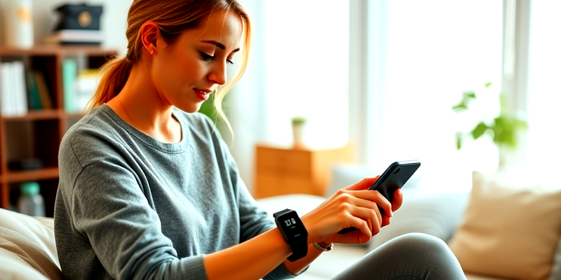 Close-up of a woman using a smartwatch for health tracking