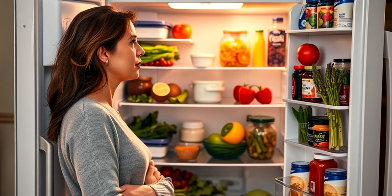 Woman looking into a refrigerator full of fresh, gut-healthy foods.