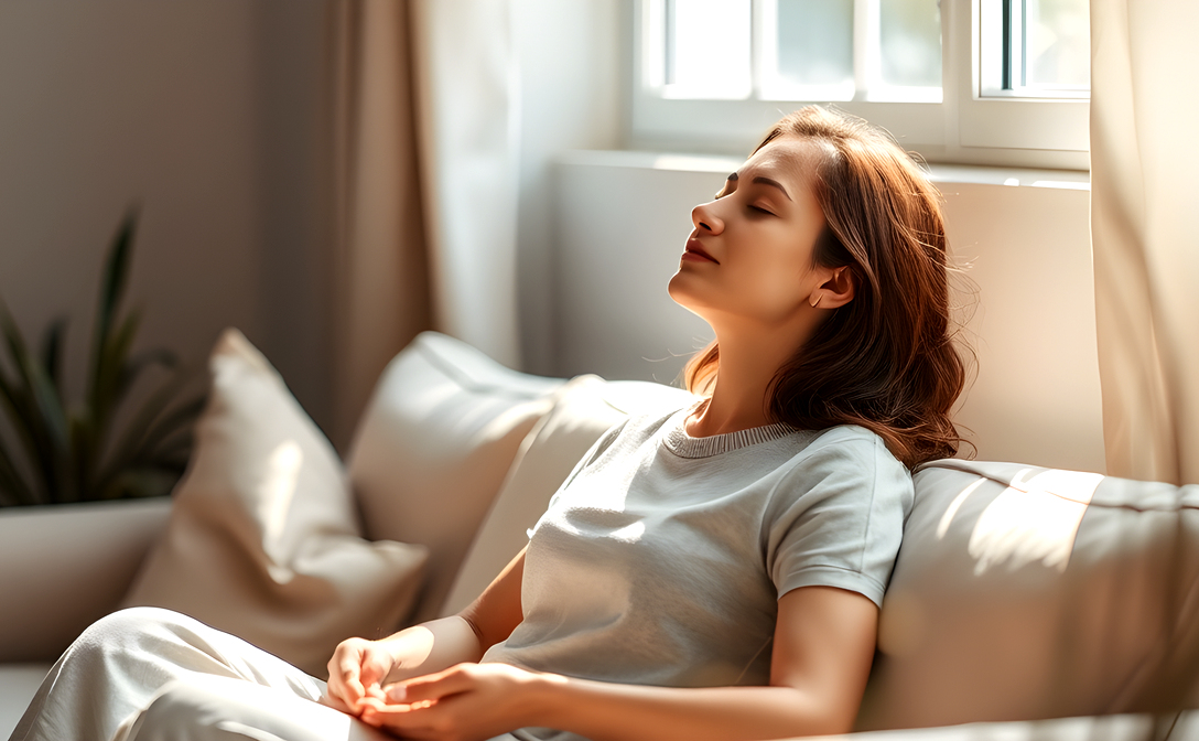 A woman peacefully resting on a couch, basking in warm sunlight streaming through a nearby window. She sits with her eyes closed, appearing calm and rejuvenated, embodying the essence of restful relaxation without sleep.