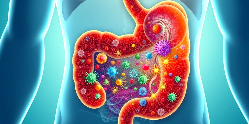 Illustration of a human stomach showing microbiome, stomach acids, and immune cells.