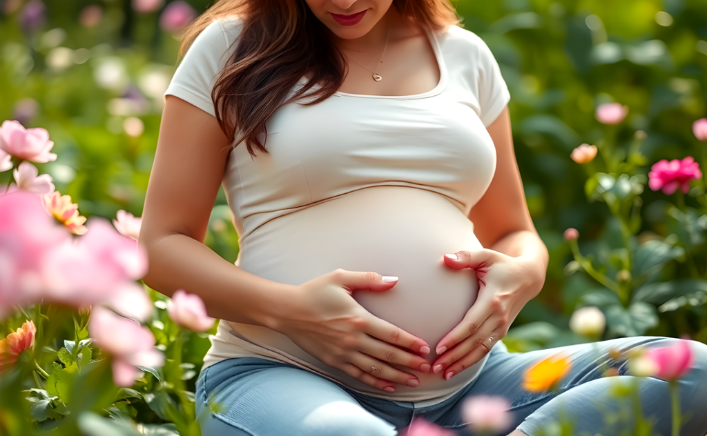 Pregnant woman sitting in a garden, cradling her belly with both hands, surrounded by vibrant flowers, symbolizing the importance of rest and nurturing during pregnancy.