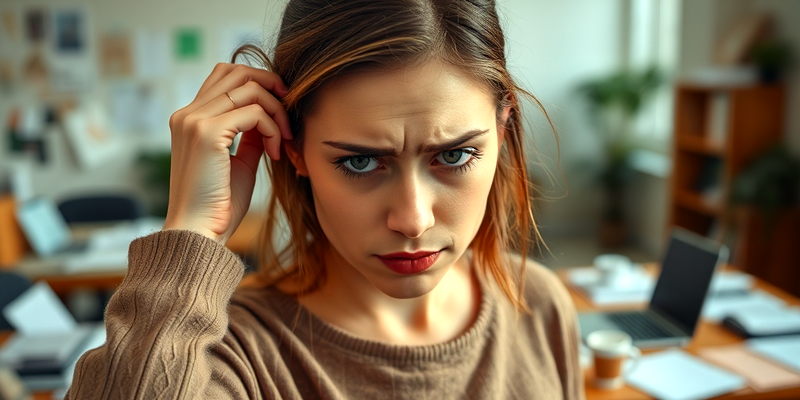 Young woman experiencing visible stress, pulling her hair while sitting at a cluttered desk.