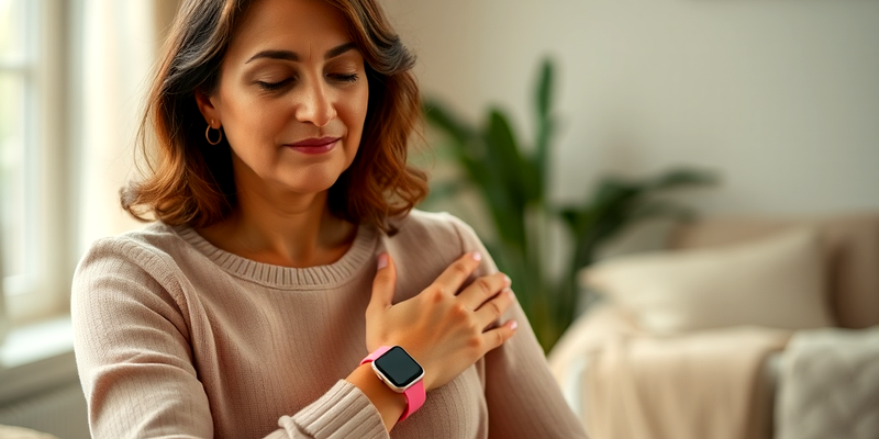 Woman wearing a smartwatch, gently touching her chest, practicing mindfulness in a calm, warm home environment.