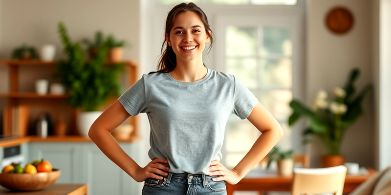 Confident young woman with hands on hips, exuding health and happiness.