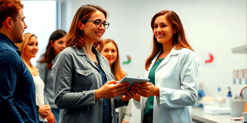 Female scientist explaining gut health and the microbiome to an engaged group in a lab setting