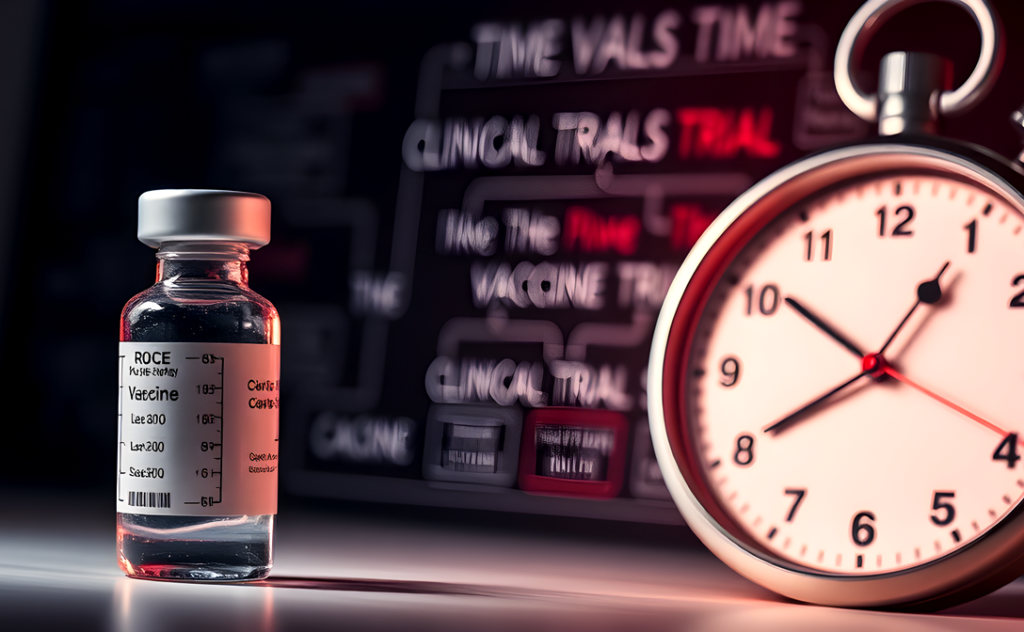 Close-up of COVID-19 vaccine vials and a stop watch, symbolizing the rapid development and safety considerations of the vaccines.