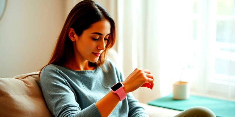 Young woman checking her heart rate variability on a smartwatch at home, focusing on wellness and health monitoring.