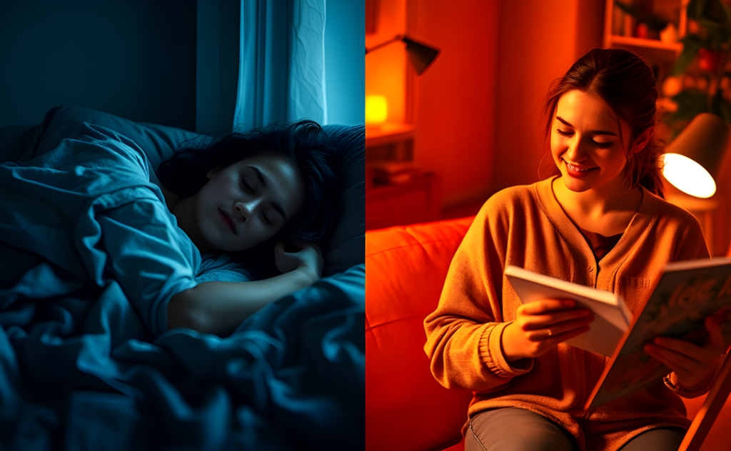 A split image of a woman peacefully sleeping in a dimly lit bedroom on the left, and on the right, a woman enjoying a book in warm ambient lighting. The contrast illustrates the difference between sleep and rest, highlighting the importance of both for overall well-being.