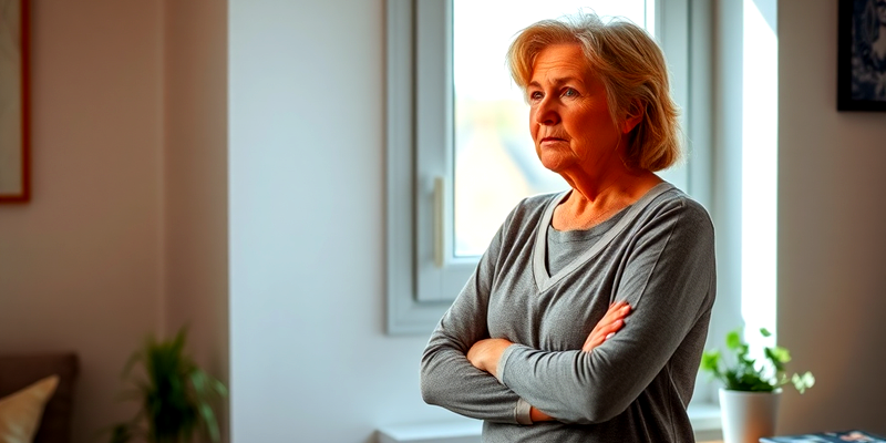 Middle-aged woman looking out a window with a worried expression, reflecting concerns about menopause and aging.