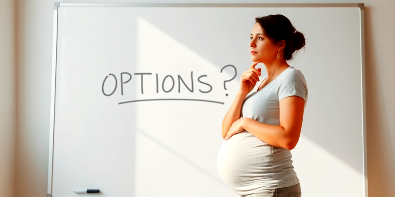 Pregnant woman contemplating birth options in front of a whiteboard with the word'OPTIONS?